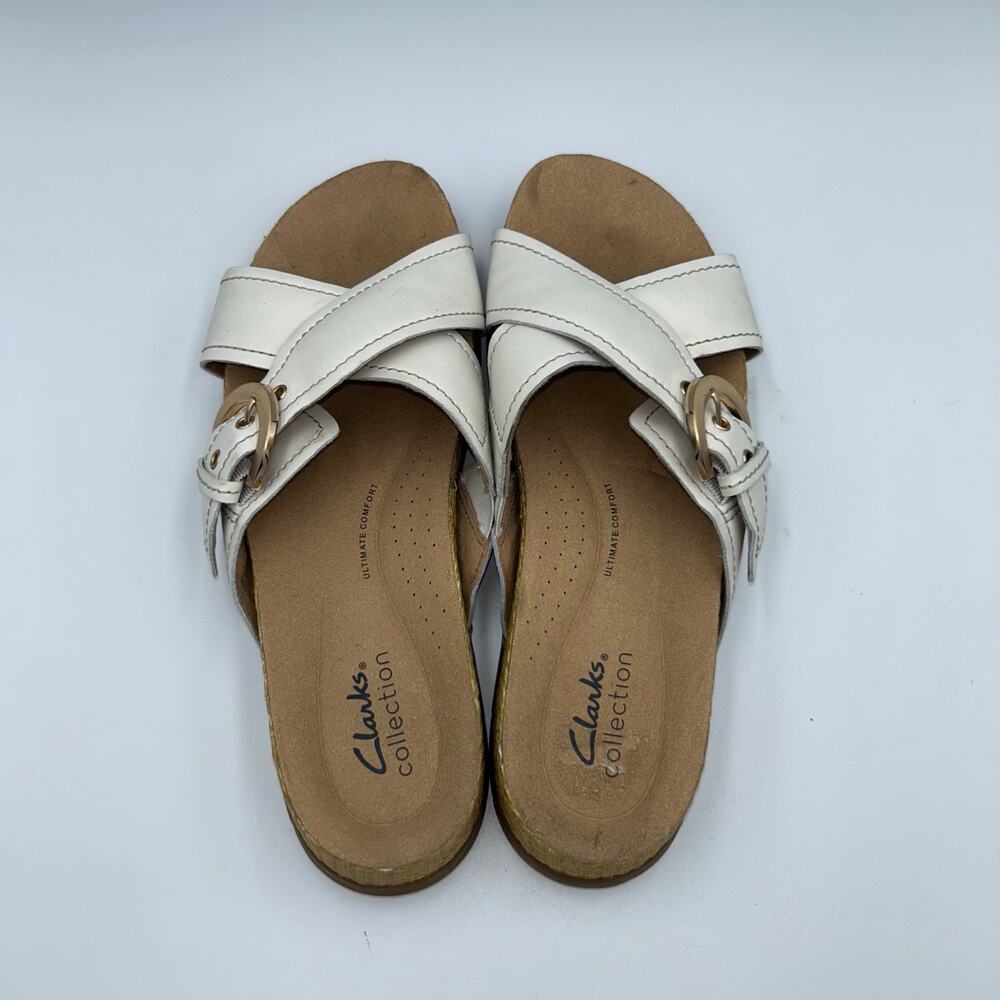 Clarks Reileigh May Slide Off-White Criss-Cross Strap Comfort Women Sz 8.5